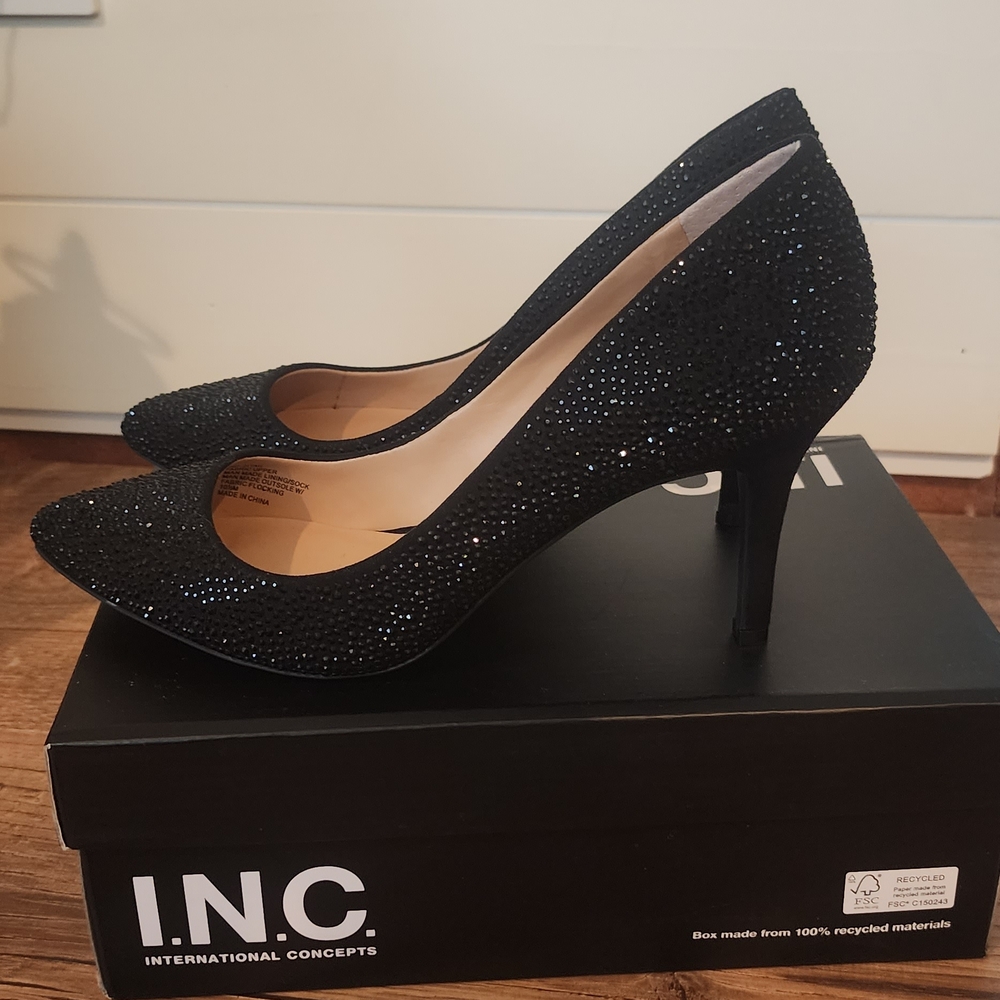 INC International Concepts Black Crystal Embellished Pointed-Toe Pumps